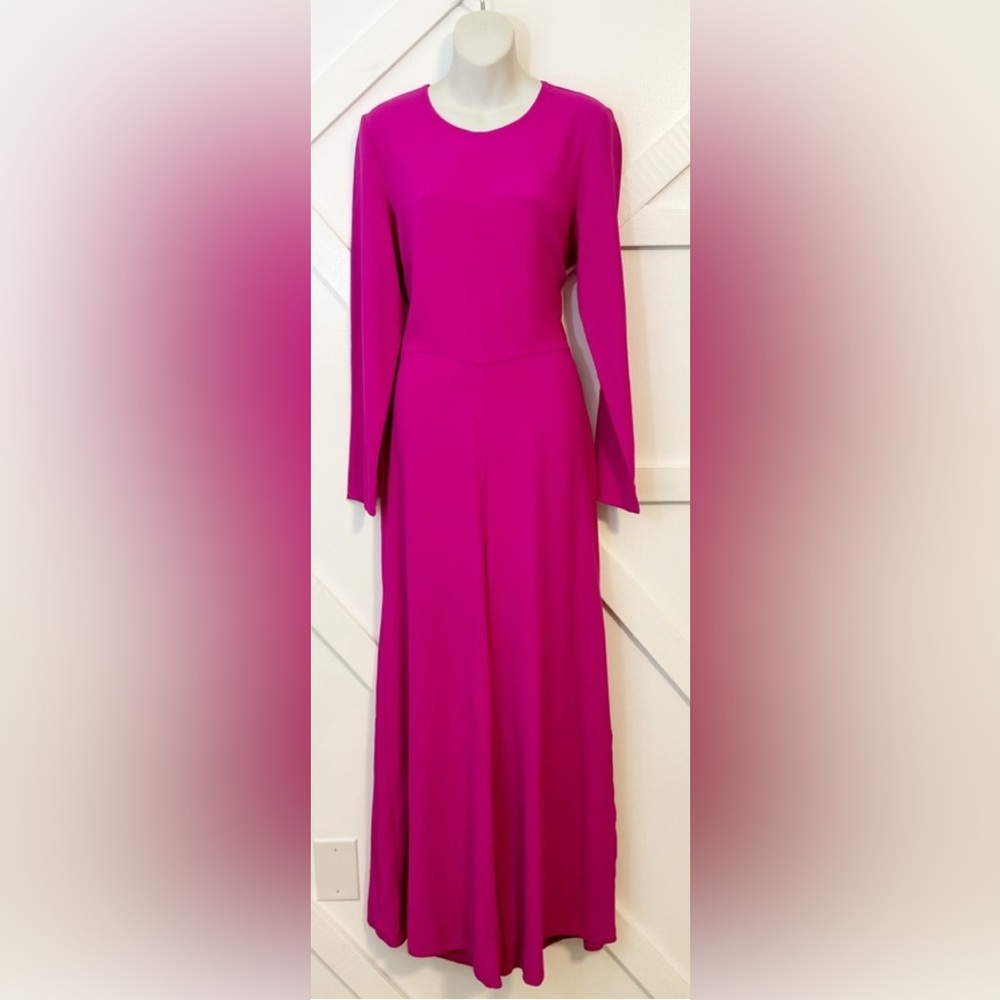 Adam Lippes Long Sleeve Wide Leg Crew Neck Long Jumpsuit Fuschia Pink Sz 14 - Picture 5 of 7